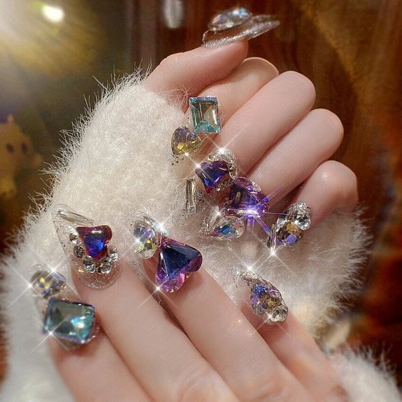 NEW Sparkling Bling Crystal Hearts & Gems Glitter Press On False Nails +… - Picture 4 of 7